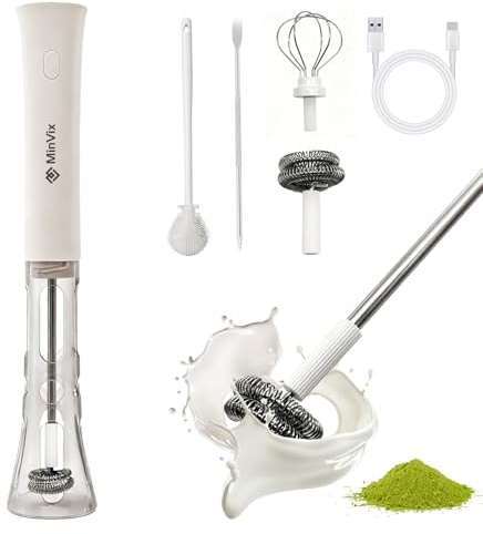 MinVix® Milk Frother Handheld, 2-in-1, Rechargeable Electric Matcha Whisk Foam Maker with Stand, 3 Speed Powerful & Quiet Coffee Mixer for Latte, Hot Chocolate Stirrer, Egg Blender, Protein Shakes