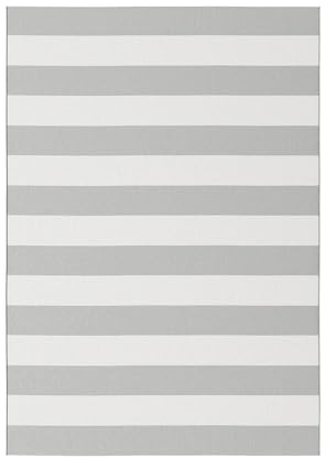 mokebo Outdoor Teppich 'Der Gestreifte' (160x230 cm) Terrassenteppich, wetterfest & lichtecht, Teppich-Aufleger für Balkon, Terrasse und Garten, Grau Weiß gestreift