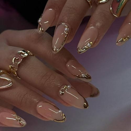 24 PCS Press On Nails Almond Shape - Nude Pink False Nails with Gold Rim & Pearl Design - Medium Fake Nails Full Cover Acrylic Stick on Nails for Women, Reusable Manicure Kit