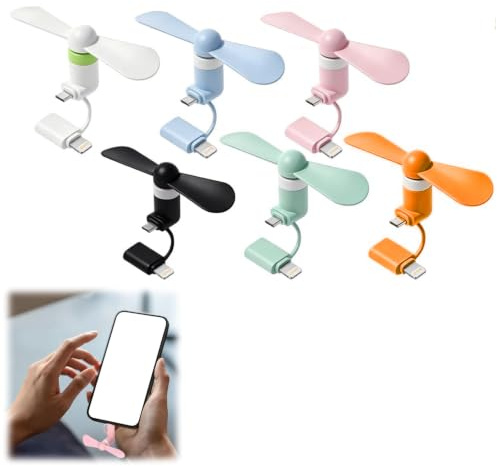 2 in 1 Mini-Handy-Ventilator,Mini-Handy-Lüfter,USB Ventilator Klein Leise,Tragbarer USB-Handys-Lüfters,6 Stück 2-in-1-Lüfter für i-Phone -Telefone/Type-C-Telefone,Schwarz+Weiß+Orange+Rosa+Grün+Blau