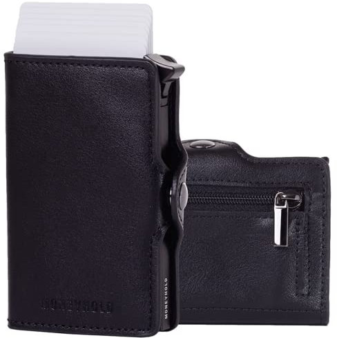 Moneyhold® Porte-Cartes Bancaire Unisexe - Portefeuille Slim en Simil-Cuir Vegan Anti Piratage RFID, Compact et Élégant (B - avec Porte-Monnaie, 3 - Noir Classique)