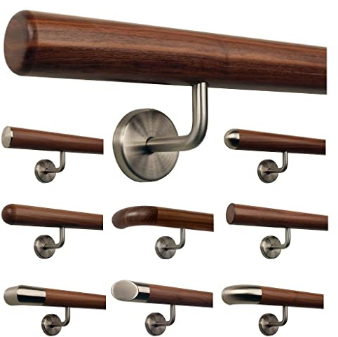 TIBU Ami Nussbaum Geländer Handlauf Treppe Holz Griff gewinkelt Edelstahlhalter, Länge 30-500 cm - Variante: 160 cm mit 3 Halter und Ende Radius gefräst