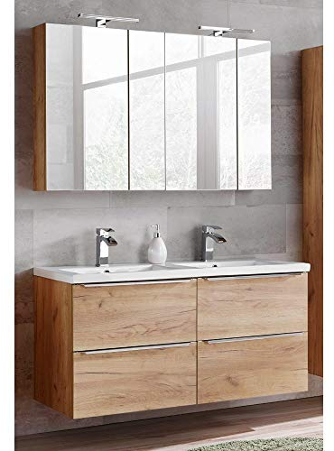 Lomadox Komplett Badmöbel Set mit 2 Spiegelschränken und Doppel-Waschtisch 120cm aus Keramik, Wotaneiche & Hochglanz weiß, Breite 120cm