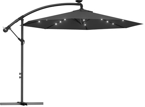 AufuN Alu Sonnenschirme 350cm mit Solarbetriebene Weiß LED UV Schutz 40+ - Dunkelgrau balkonschirm gartenschirm höhenverstellbarer (Dunkelgrau mit solar LED)