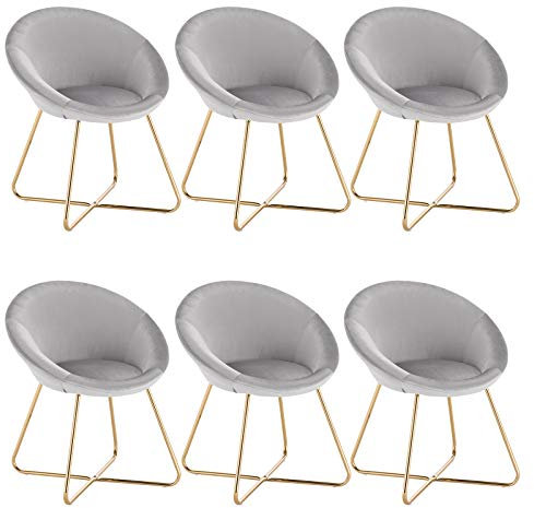 WOLTU Esszimmerstühle 6er Set Küchenstuhl Polsterstuhl Skandinavisch Design Wohnzimmerstuhl Sessel Schminktisch Stuhl, Sitzfläche aus Samt, Goldene Metallbeine, Hellgrau BH217hgr-6
