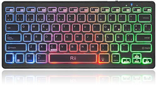 Rii K09 Teclado Inalámbrico Bluetooth, Teclado de Español RGB Colores Retroiluminado - Teclado Bluetooth 4.0 Ultra Delgado con Batería Recargable, Sistemas de iOS, Android, Windows