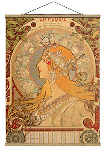 Stoffbild mit Posterleisten - Alfons Mucha - Sternkreiszeichen 133.5cm x 100cm Eiche