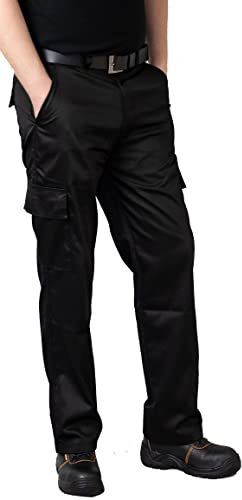 Ranger Cargo Work Trousers, Combat Style Tactical Work Pants in Black & Navy Blue. Built for Tradesmen, Ideal for Storing Tools, Designed with Maximum Durability. (Black 32 L)