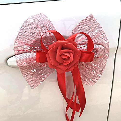Set of 4 Car Decorations Wedding Car Decoration Rose Flowers Decorative Bow Ready Bow Car Bows Antenna Bows for Wedding Decoration Car Rear View Mirror Door Handle Decoration Flowers Red