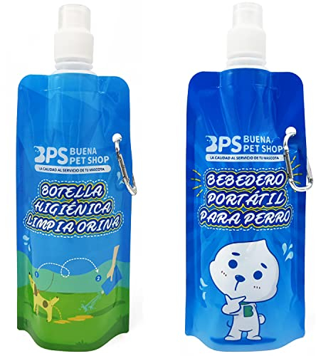 BPS Pack Viaje Bebedero Portátil y Botella Higiénica Limpia Orina Plegable para Perros Mascotas 500 ml con Mosquetón de Botella BPS-5753+5752 1+1