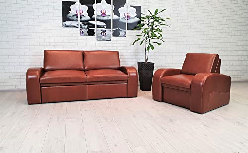 Quattro Meble Braunes Echtleder Sofagarnitur Oslo FS 2,5er mit Schlaffunktion + passenden Sessel Ledersofa Echt Leder Couchgarnitur Möbel Set große Farbauswahl !!!, SETOSLOFS251, 180 cm
