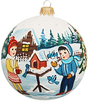 Krebs Glas Lauscha - Weihnachtsdekoration/Christbaumschmuck aus Glas - Weihnachtskugel - Motiv: Junge und Mädchen mit Vogelhaus - Größe: 10 cm