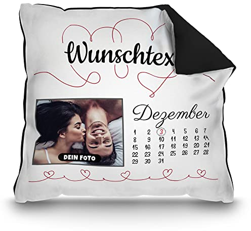 PR Print Royal Kissen Kalender selbst gestalten - mit anpassbarem Jahrestag, Text & Foto Bedrucken - Geschenk Valentinstag, Jahrestag, Paar, Liebe | inkl. Füllung, Rückseite Schwarz, 40 x 40 cm