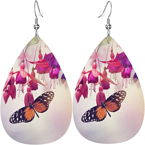 Pendientes de cuero para mujer, pendientes colgantes de moda, pendientes de lágrima de flor fucsia