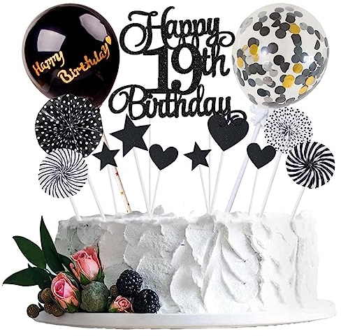 Jxuzh Happy 19th Birthday Tortendeko Schwarz - Kuchendeko für 19 Jahre Mädchen Jungen - Kuchen Deko mit Herz Stern - Cake Topper für 19. Geburtstag
