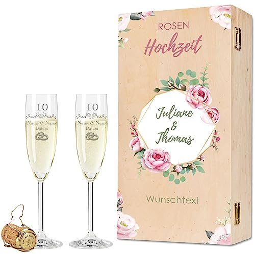 Leonardo Sektgläser mit Gravur - Rosenhochzeit 10 Jahre - Personalisiert mit Namen & Datum inkl. Holzkiste - Geschenk zur Hochzeit Verlobung Jahrestag - Farbe: Sekt