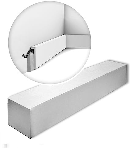 Orac Sockelleisten SX171-RAL9003-box 200 cm x 2,2 cm x 10 cm aus extrudiertem Polystyrol (HDPS) abgewinkelt mit Kabelkanal endbeschichtet mit weißer Farbe (RAL 9003) 20 Leisten / 40 m