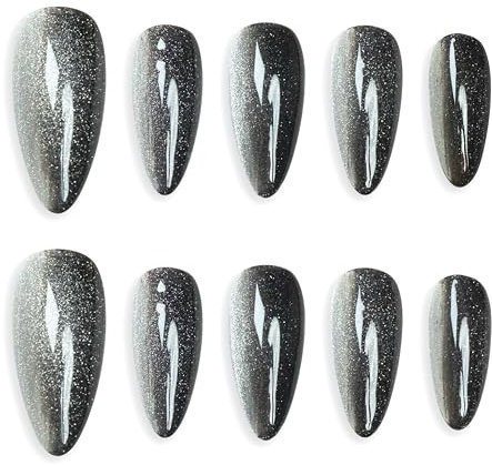 Sun&Beam Nails Handgefertigte Kunstnägel Mittel Lang Mandel Nägel zum Aufkleben in Silber Schwarz Ombre Magnetisches Minimalistisch Design mit Klebepads 10 Stück (#125 M)