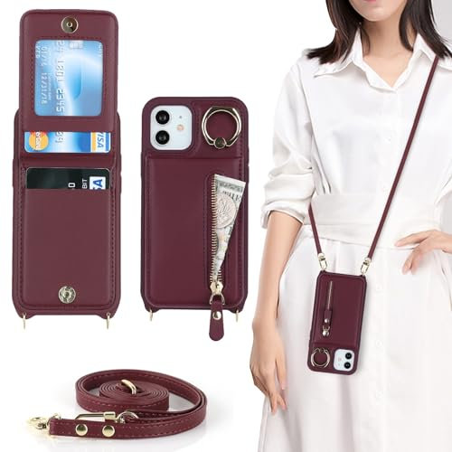 Zouzt for iPhone 12 Mini Case with Cord and Card Holde, Zipper Wallet Case with Crossbody Lanyard Ring Adjustable Necklace Protective Cover Women for iPhone 12 Mini 5.4 Inch - Burgundy
