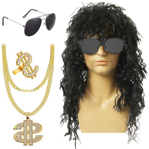 BSNRDX 4er Set Herren Perücke 70er 80er Jahre Vokuhila Perücke Rocker Punk Popstar Perücke, Sonnenbrille Halskette, Dollarzeichen Ring, Rapper Accessoires für Fasching Karneval