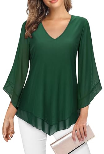 Gemulate Evening Tops for Women UK Womens Casual Tops Womens Blouses Ruffle 3/4 Sleeve Mesh Ladies Tops Chiffon Double-Layered Tunic Tops Loose Flowy Shirts-Green, XL