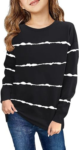 Haloumoning Sweatshirt Mädchen Streifen Rundhalsausschnitt Kinder Pullover Casual Langarm Tops Schwarz 10-12 Jahre