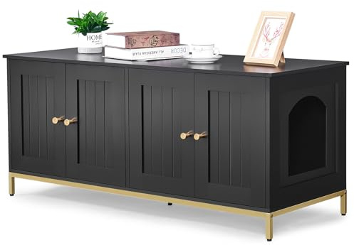 Homhedy Cat Litter Box Enclosure for 2 Cats, Cat Washroom Furniture with Double Room, Pet House with Metal Frame, 47.2”L x 17.7”W x 21.7”H, Black and Gold