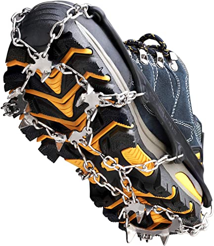 Crampons Ice Cleats Traction Snow Grips for Boots Shoes Women Men Anti Slip 19 Stainless Steel Spikes Safe Protect for Hiking Fishing Walking Climbing Mountaineering (Black,M)