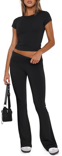 REORIA Damen Freizeitoutfits weiches kurzärmliges bauchfreies Top umklappbare Schlaghose Y2K 2 teiliges Trainingsanzüge Lounge Set Schwarz XS