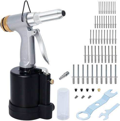 Juego de Remachadora de Aire Comprimido, Remachadora de Aire Comprimido con 5 Boquillas de 2.4 mm-6.4 mm (3/32-1/4) y 50 Remaches, Remachadora Premium para Aluminio y Acero Inoxidable (Plata)