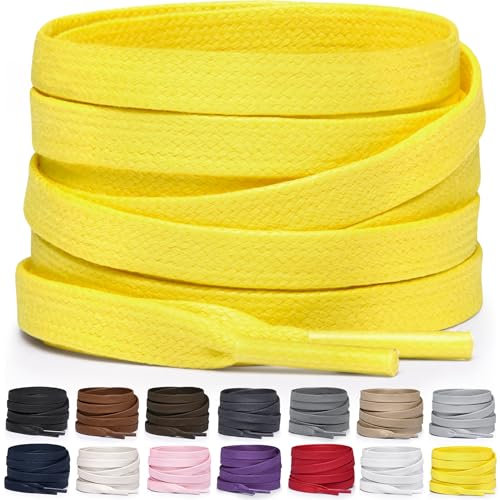 Miscly Cordones Planos de Algodón Encerado - Para Botas, Zapatillas y Zapatos, Disponibles en Varias Longitudes y Colores (Amarillo, 114 cm)