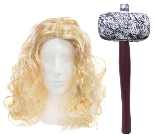 God of Thunder Zubehör Set - Lange blonde Perücke & Bart und aufblasbare Hammer Prop - Erwachsene Superhelden Kostüm Zubehör Set