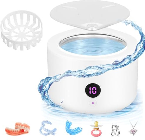 QCXWCJWD Ultrasonic Cleaner for Dentures, 45kHz Ultrasonic Retainer Cleaner with 4 Modes, Ultrasonic Cleaning Machine 150ml for Aligner Mouth Guard Watch Coins (White)