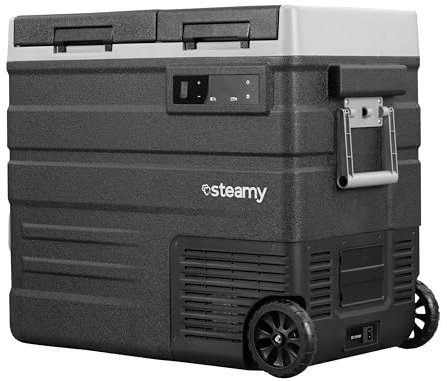 Steamy-E Dual Zone 65 Roller, Elektrische Kompressor Kühlbox mit Rollen, 57 Liter, 12V/ 230V, zum Warmhalten und Kühlen, Für Camping, Schwarz