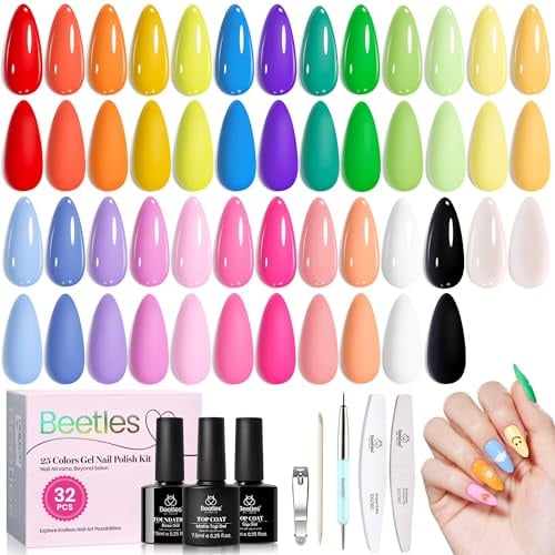 Beetles Gel Nail Polish Set, 25 Colours Bright Gel Polish Kit 32 PCS Nude White Black Pink Blue Green Yellow Colors with Base Glossy Matte Top Coat Gifts for Women Doodle Dreams