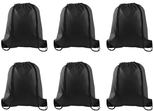 PLULON 6 Stück Kordelzugbeutel Großpackung Schwarz Kordelzug-Rucksack Cinch Sack Sport Gym Rucksack Taschen für Yoga Reisen Outdoor-Sport