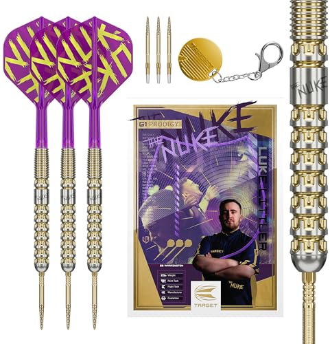 Target Darts Luke Littler Gen 1 Prodigy Swiss Point Steeldarts, 90% Tungsten Darts, 24G | Generation 1 Gold Steeldarts, Player Edition Swiss Points Dart Sets, K-Flex Flights und Shafts