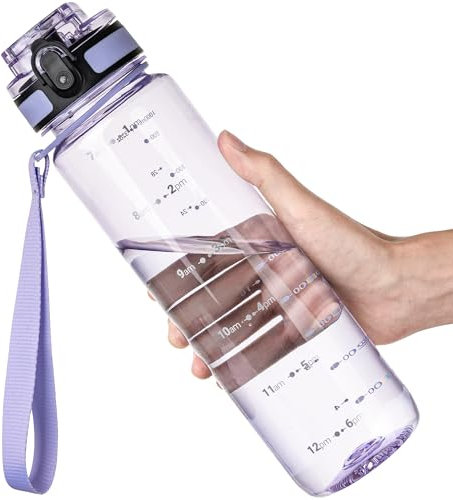 OLDLEY 1L/32oz Sports Water Bottle, 1000ml Motivational Water Bottles with Time Markings Drinks Bottle Leak Proof & Lock Cover & No Straw, Tritan BPA Free for Women Men Gym School Cycling Hiking