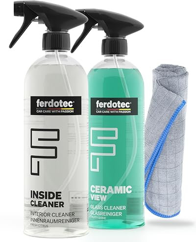 FERDOTEC Auto Reinigungsset Innenraum + Glasreiniger & Scheibenversiegelung (2 x 750 ml) + Microfasertuch Autoreiniger für Kunststoff, Leder, Alcantara, Scheibenreiniger für streifenfrei Autoscheiben