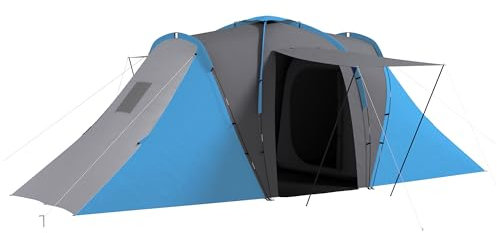 Outsunny Tienda de Campaña Familiar Tipo Túnel para de 4-6 Personas Impermeable 2000 mm Tienda de Camping Plegable con 2 Dormitorios Bolsa para Senderismo 555x225x190 cm Gris y Azul