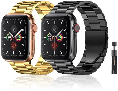 baklon 2 Pezzi Cinturino in Acciaio Inossidabile Compatibile con Apple Watch 42mm(Series 1 2 3) 44mm 45mm 49mm 46mm e Series SE3 2 1/ Ultra3 2 1/11 10 9 8 7 6 5 4 3 2 1, Nero+Oro