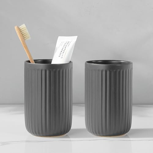 Grau Streifen Zahnputzbecher Keramik Set, Zahnbürstenhalter für Elektrische Zahnbürste Zahnbürste und Zahnpasta, Kinder Toothbrush Holder, Zahnbürsten Badezimmer Organizer grau
