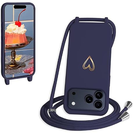 CaseLover Handyband kompatibel iPhone 17 Pro Max Hülle mit Band, Navy Blau | Herz Muster, Silikon Necklace Handyhülle mit Abnehmbar Kordel zum Umhängen, Stossfest Bumper Handy Schutzhülle Case 6.9