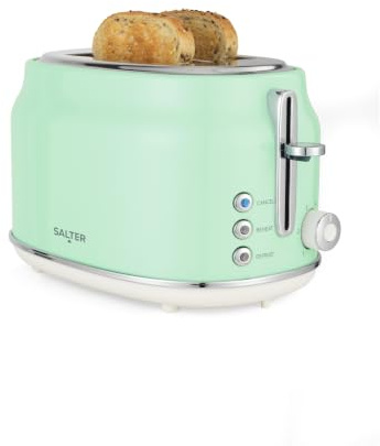 Salter Retro Toaster, 2 Slice, Green, Wide Slots | 6 Browning Levels, Defrost/Reheat/Cancel Functions, High Lift Eject, Self Centring, Removable Crumb Tray, 815 W