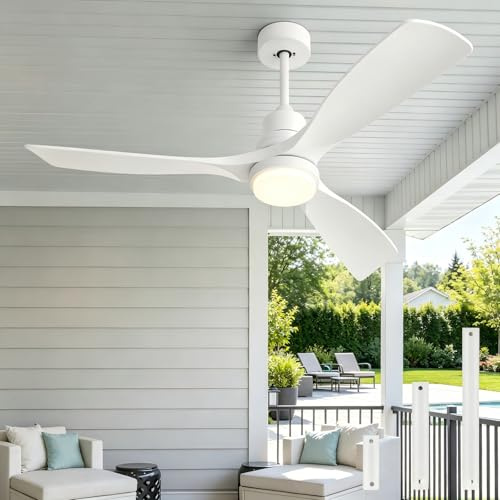Forrovenco Ventilador de Techo con Luz y Mando a Distancia, Ventilador Techo Exterior de 132 cm con Lámpara LED, Motor DC, 6 Velocidades, Temporizador, para Interior y Exterior, 132 cm, Blanco
