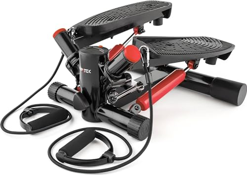 Gymtek Stepper, Drehstepper inkl. Expanderbänder (Power Ropes) - mit LCD-Bildschirm, Schrittzähler und Kalorienzähler - Fitness, Pilates, Workout