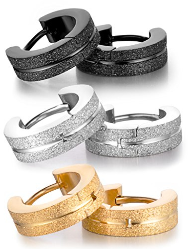 Feilok 3 Paare Sandgestrahlt Creolen Hoop Huggie Ohrstecker Matt Klapp-Creolen Edelstahl Ohrschmuck für Damen und Herren