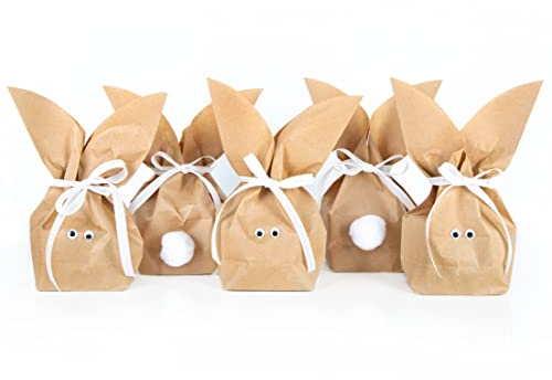 Logbuch-Verlag 5 Osterhasen Tüten Hasenohren Papierbeutel Ostern Verpackung Kraftpapier natur Beutel als Osternest mit Augen und Puschel 16,5 x26 6,5 cm