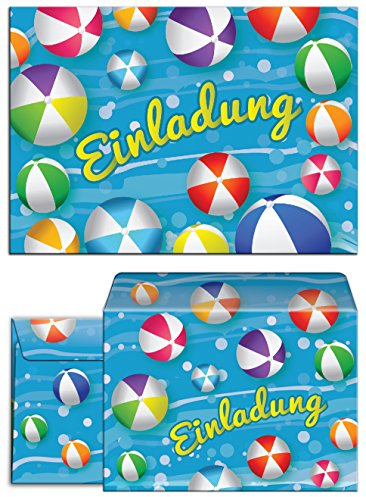 JuNa-Experten 10 Einladungskarten incl. 10 Umschläge zum Kindergeburtstag Schwimmbad Party/Wasserbälle/Einladungen für Mädchen und Jungen/Umschlag/Pool Party