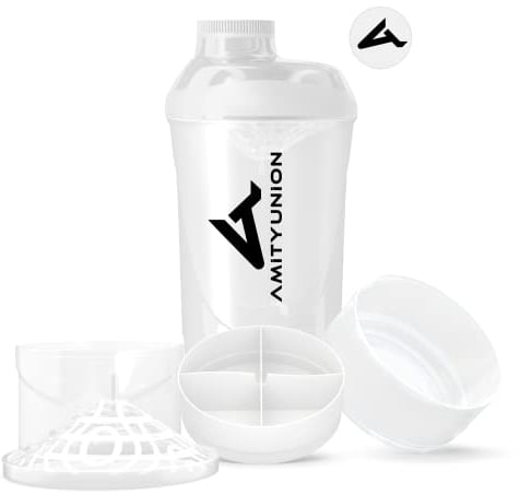 Eiweiß Shaker 700 ml mit 2 Tabletten und Pulver Fächer - Deluxe Protein Shaker, BPA frei mit Sieb und Skala für Whey und BCCA Shakes, Gym Fitness Becher für Isolate und Diät Sport Konzentrate Weiß Cup